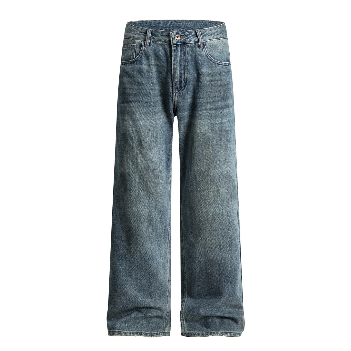 Factory Direct Men's Vintage Relaxed Fit Stone Washed Denim Jeans with Multi Pockets, Casual Autumn Style, Youth Trendy Streetwear
