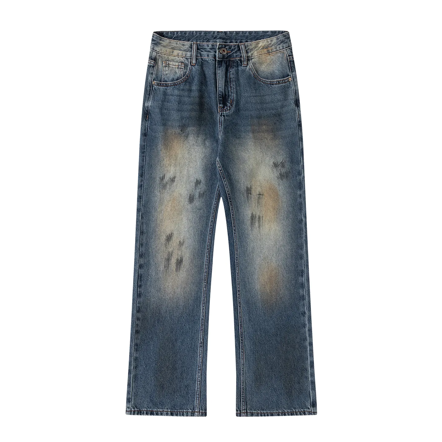 Factory Direct Men's Baggy Vintage Denim Jeans with Hand-painted Design, Straight Leg, Streetwear Style, Ideal for Youth Everyday Wear