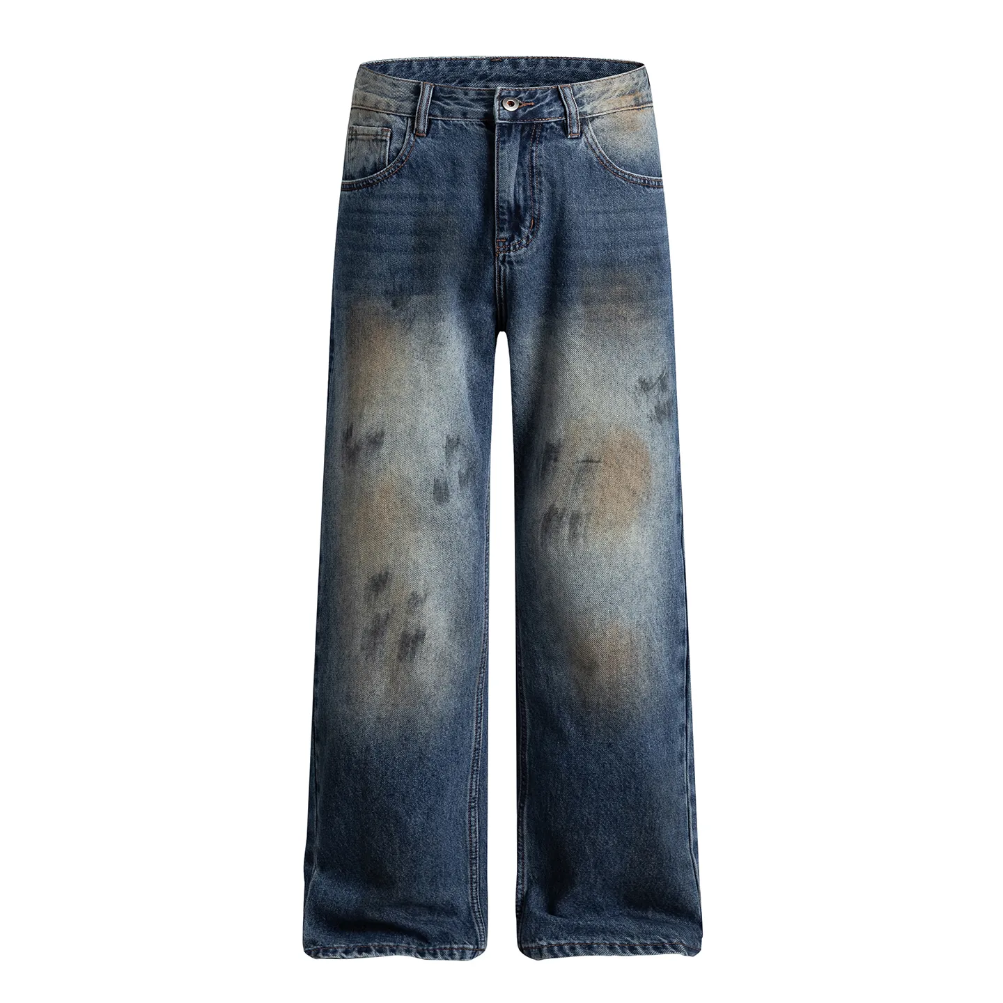 Factory Direct Men's Baggy Vintage Denim Jeans with Hand-painted Design, Straight Leg, Streetwear Style, Ideal for Youth Everyday Wear