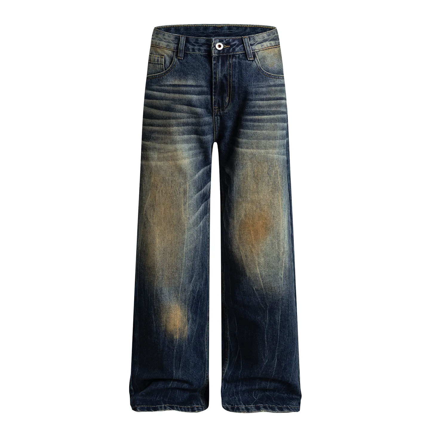 Factory Direct Men's Vintage Loose Fit Stone Washed Denim Jeans - Retro Straight Leg Design for Youth Casual Wear, Spring/Fall