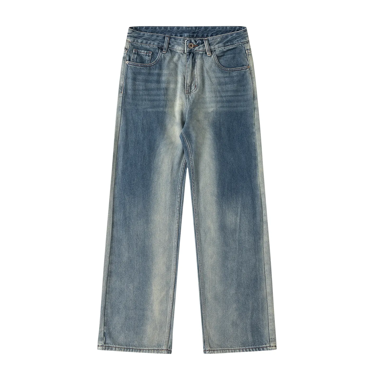 Factory Direct Men's Vintage Loose Fit Washed Denim Jeans - Streetwear Style, Gradient Blue, Straight Leg for Everyday Casual