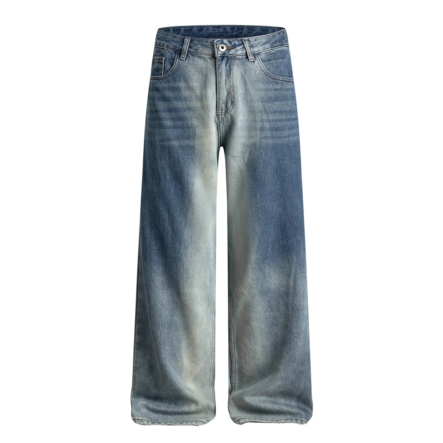 Factory Direct Men's Vintage Loose Fit Washed Denim Jeans - Streetwear Style, Gradient Blue, Straight Leg for Everyday Casual